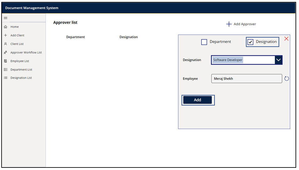 12. Add Approver option [Red Box] on the top right corner is to be selected.