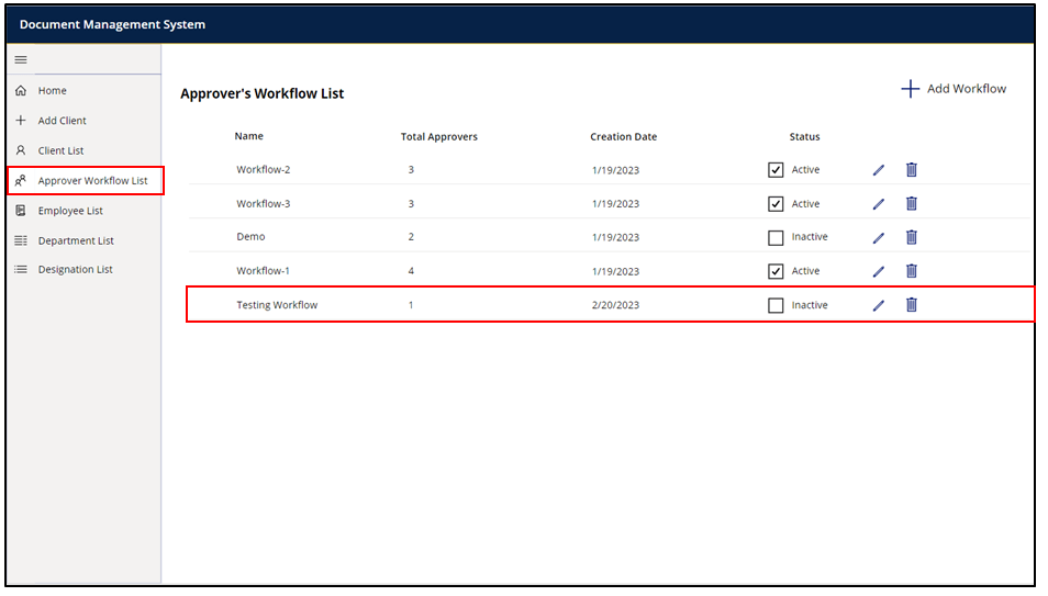 14. the admin can find the newly created Workflow