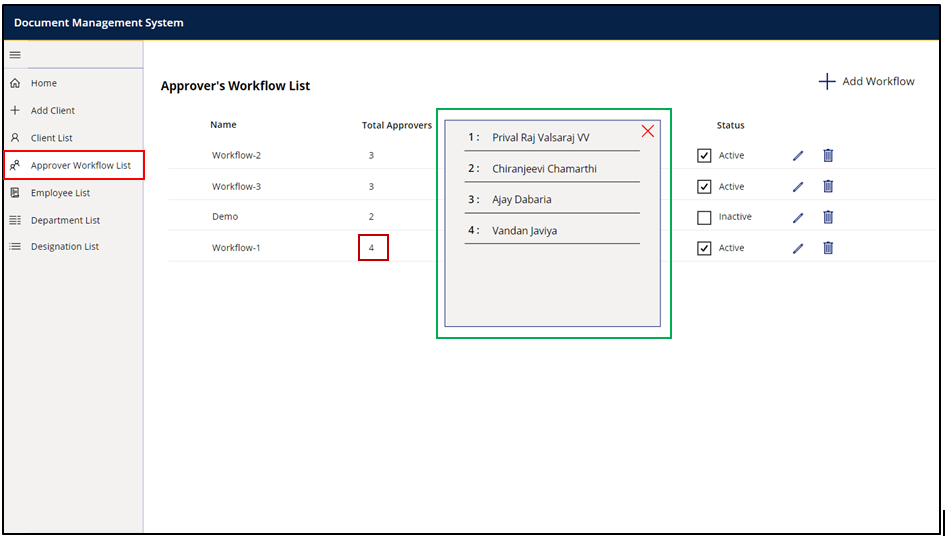 8. Names and order of the Approvers [Dark Green Box] as shown below